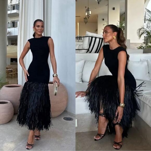 Aje Exclusive Rushes Raffia Ribbed Midi Dress Black XS Extra Small RARE - Picture 2 of 8